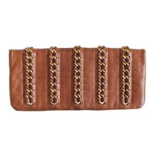 Tori Burch Leather Chain Snap Clutch Long Wallet 5x10 Caramel Tan Logo Zip Pulls